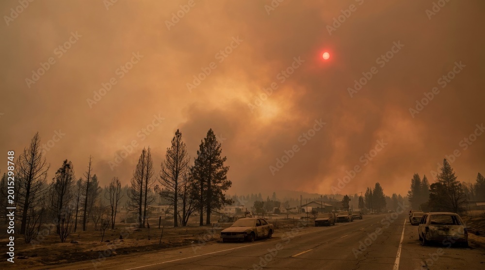 Wildfire smoke fills sky, red sun visible over abandoned cars on road ...
