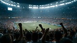 Crowd of fans raising fists and celebrating during a thrilling soccer match in a large, brightly lit stadium, creating an atmosphere of excitement and unity