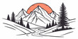 © AD - Minimalist graphic mountain scenery with pine forest winding river setting sun professional outdoor adventure emblem illustration mountain landscape outdoors trekking