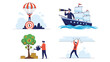 © Mr - Set of business success illustrations featuring financial goals, leadership navigation, investment growth, and overcoming obstacles.