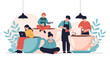 © Mr - Group of miniature people enjoy various coffee-related activities including brewing and relaxing on giant oversized coffee cups and saucers.