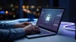 © MAKZEN STUDIO - Hands Typing on Laptop Featuring Advanced Cyber Security Shield Interface with Data Protection Charts and Digital Privacy Security Dashboard in Dark Office Environment