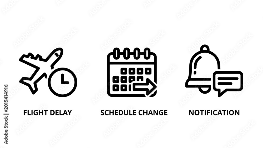 Travel notification and scheduling icons featuring flight delay ...