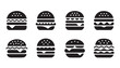 © VANU - Collection of eight burger icons displaying different designs and ingredient combinations.