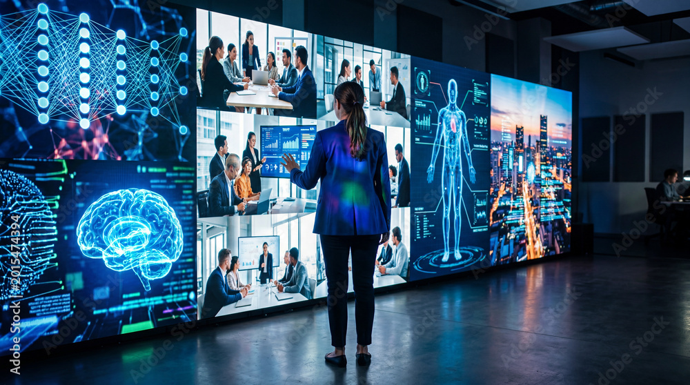 Businesswoman standing before large LED wall displaying AI brain data ...