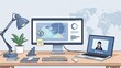 © Kurowo - Modern workplace depicted with computer screens desk lamp and world map