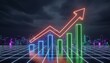 © Pixzens Ars - Futuristic neon business growth chart displaying an upward trend over a digital cityscape at night symbolizing market success