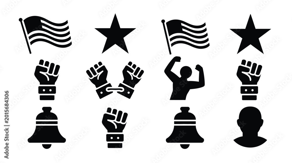 Black vector icons of protest symbols and freedom signs with fists ...