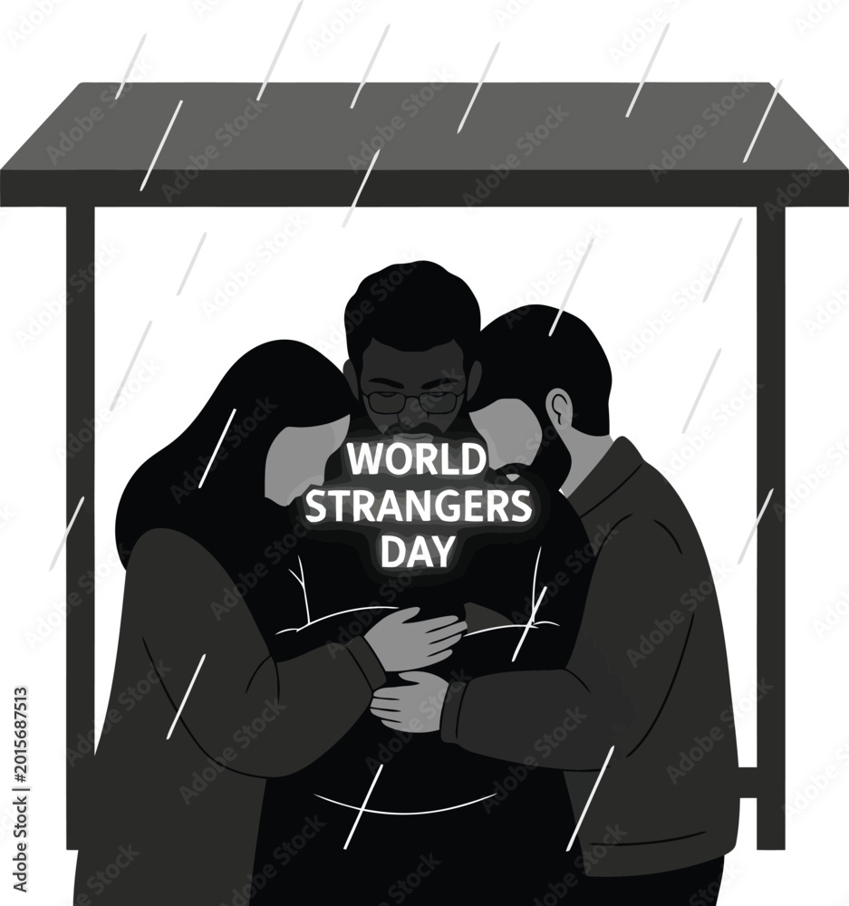 Hugging Stranger Cartoon Three people hugging each other under a roof in the rain for World ...