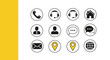 © sena - Collection of round social and communication icons on white background with a yellow accent stripe.