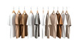 © Ulfa - Shirts in neutral hues hang aligned on wooden hangers, black backdrop