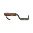 © Ray - A hand-drawn illustration of a garden weeding tool with a curved metal blade and a wooden handle with a leather strap.
