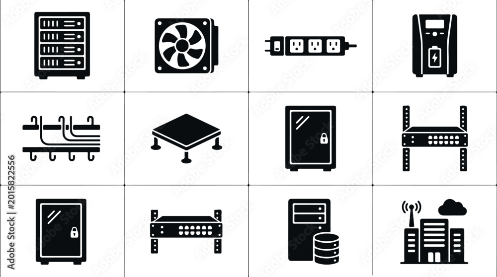 Set of IT equipment icons including server rack computer fan power ...