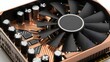 © TJAYZ - 49. A photorealistic close-up of a high-end graphics card filling the frame, copper traces catching warm studio lighting, capacitors arranged in orderly geometric formations, massive central chip visi