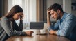 © Angavlan - Couple in emotional tension after argument seated at table with coffee cups, man and woman showing signs of distress and frustration.