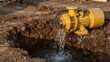© mihrzn - Yellow industrial pump extracting wastewater from a dug-out pit in outdoor setting, with muddy surroundings and water splashing out.