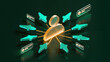 © Lumi Stock Studio - 3D isometric user centric communication concept with gold person figure surrounded by green arrow pointers and chat bubbles, customer engagement network illustration on dark green background