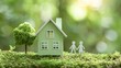 © FauziNh - Green miniature house with figures on mossy ground, nature backdrop