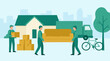 © Drawingbox - Professional movers relocating household items into a new house with a truck