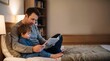© CreativeAssetCo - Father reading bedtime story to son on cozy bed at home parenting and family bond child learning books before sleep warm indoor atmosphere with bookshelf background fatherhood love