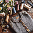 © Yurii Semonov - Handmade Cardigan With Sewing Supplies for Knitwear Brand and Craft Marketing