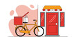 © bagus - Delivery Bicycle with Red Insulated Bag Outside a Red Storefront