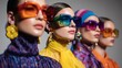 © Harry - Four fashionable women wearing colorful oversized sunglasses and vibrant clothing posing together for a studio portrait