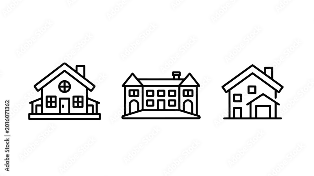 Collection of three house icons illustrating different architectural ...