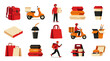 © Muamanah - Flat Vector Food Delivery Icons Set: Courier Service Elements, Takeaway Boxes  Drink Cups Collection