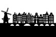 © Shanto - Amsterdam City Skyline Silhouette with Traditional Windmill and Historic Canal Houses on White Background