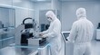 © DramaReelVault - Workers in protective suits operating advanced machinery inside a modern cleanroom facility high tech manufacturing process laboratory research equipment semiconductor fabrication