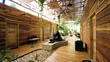 © DMegias - Sustainable architecture and natural design blending a tropical resort with nature. Featuring wooden walls, decking, and a stone fountain