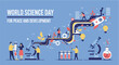 © Any - Flat illustration of people working together on science projects in colorful vibrant lighting for World Science Day