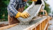 © ISVO - Construction worker in plaid shirt and yellow gloves pouring concrete from mixer into wooden formwork at a construction site surrounded by greenery