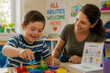 © Сергей Стельченко - A child with Down syndrome engages with colorful blocks while a teacher guides and supports him. They share smiles and excitement in a welcoming classroom designed for learning.