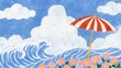 © Alvin - Expanding Horizon summer vacation scene with blooming flowers, ocean waves, and a classic beach umbrella under a blue sky, perfect for relaxation and new beginnings.