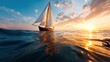© svastix - A beautiful sailboat gracefully glides across serene waters at sunset, reflecting golden hues in the water, capturing the tranquility and freedom of life at sea.