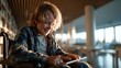 © svastix - A joyful young boy sitting in a wheelchair, deeply engaged with a tablet, captured in a bright, airy library environment, showcasing technology's role in empowerment and joy.