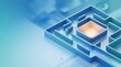 © AspctStyle - Business strategy and problem solving concept, blue 3D isometric maze with glowing center. Navigation and finding solutions for success.