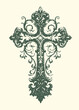 © bbilfunk - Ornate green cross with intricate swirling vine-like patterns and decorative elements presented in a vintage sketch style religious christian decorative filigree illustration historical