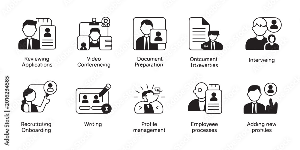 Human resources and recruitment process icons set depicting ...