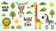 © Dahab - Cute jungle animals like lion, monkey, giraffe, and zebra, with trees and suns, perfect for children's decor and party themes