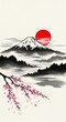 © Mohammad Ali - Mount Fuji landscape with cherry blossoms and red sun in traditional Japanese ink painting style perfect for cultural designs and travel themes