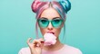 © Yassine - Stylish young woman with colorful hair and teal glasses eating pink cotton candy in this bright and vibrant studio portrait