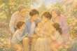 © MASARU - 庭で赤ちゃんを囲んで微笑む三世代家族、両親と祖父母、お兄ちゃんと姉が集う新しい家族の幸せな水彩イラスト。