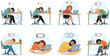 © IconicCreations - Set of tired exhausted office workers and students sleeping at desks with low battery icons representing burnout and fatigue