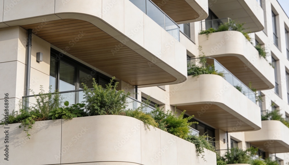 Modern residential building with curved balconies and green plants ...