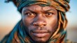 © svastix - A captivating close-up portrait of a man wearing a beautifully patterned headwrap, embodying strength, culture, and the rich diversity of human heritage and expression.