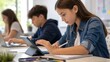 © ArtFocus Studio - Focused teenage girl using a digital tablet and taking notes with a pen while studying in a modern classroom with fellow students in the background, education and technology.