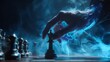 © Taiwo - Stylized scene centered around a black king chess piece. A hand is shown placing or lifting a black king chess piece on a chessboard.